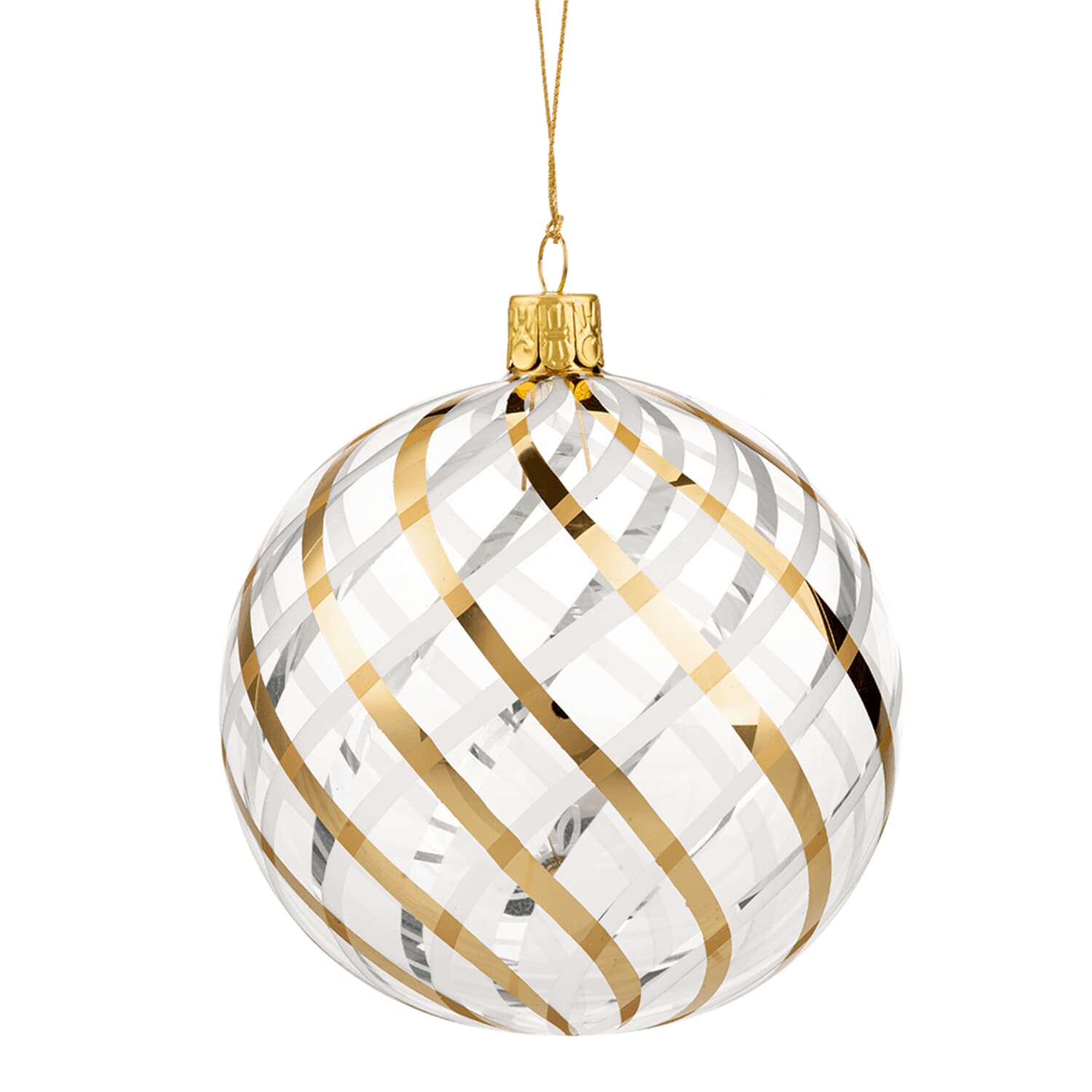 Glass bauble clear with gold-white net pattern, 10 cm