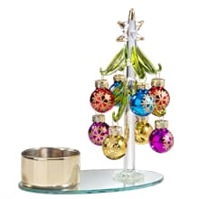 Tealight holder Glass tree colourful baubles, with silver